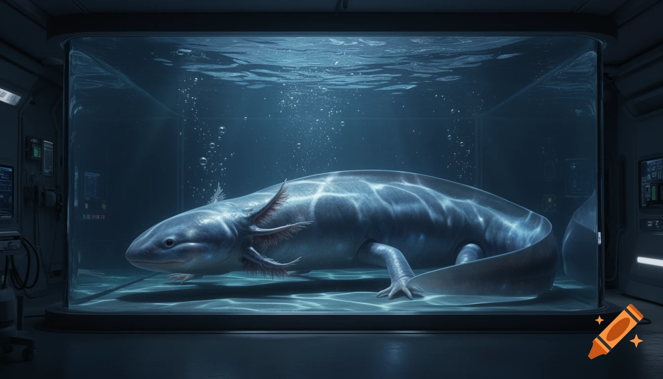 A giant sleek axolotl-like creature with bioluminescent skin sleeps submerged in a high-tech research tank. Photorealistic concept art.