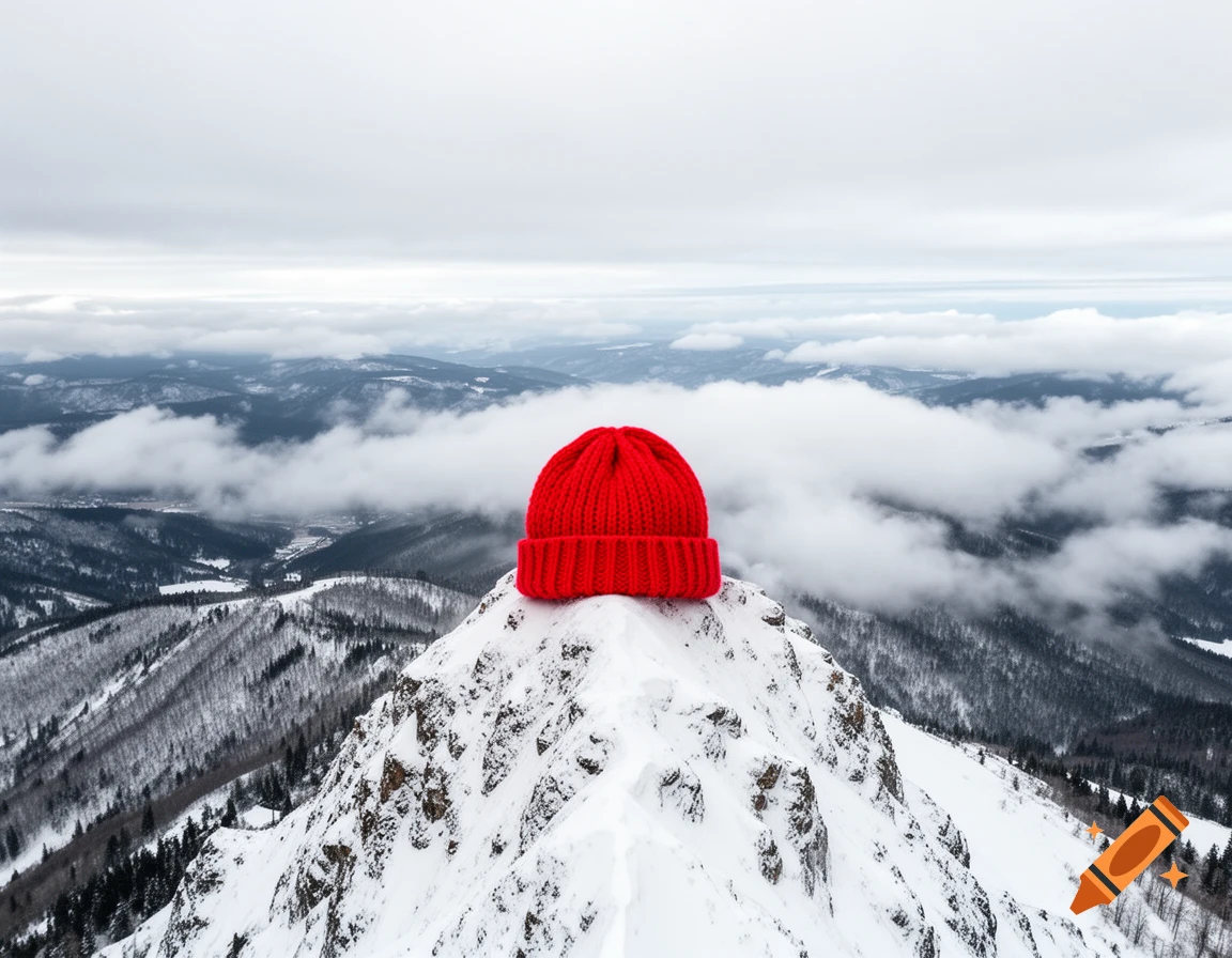 A vibrant red knit beanie sits atop a snowy mountain peak under a cloudy sky, with other snow-covered mountains in the background.