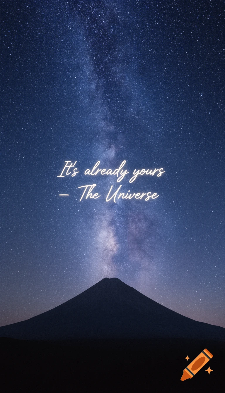 A wide shot of the Milky Way stretching across a dark blue night sky above the silhouette of a mountain. A glowing white quote reads: "It's already yours - The Universe".