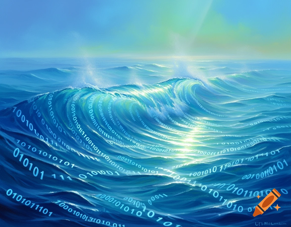 An illustration of ocean waves composed of binary code (0s and 1s) under a bright sky.