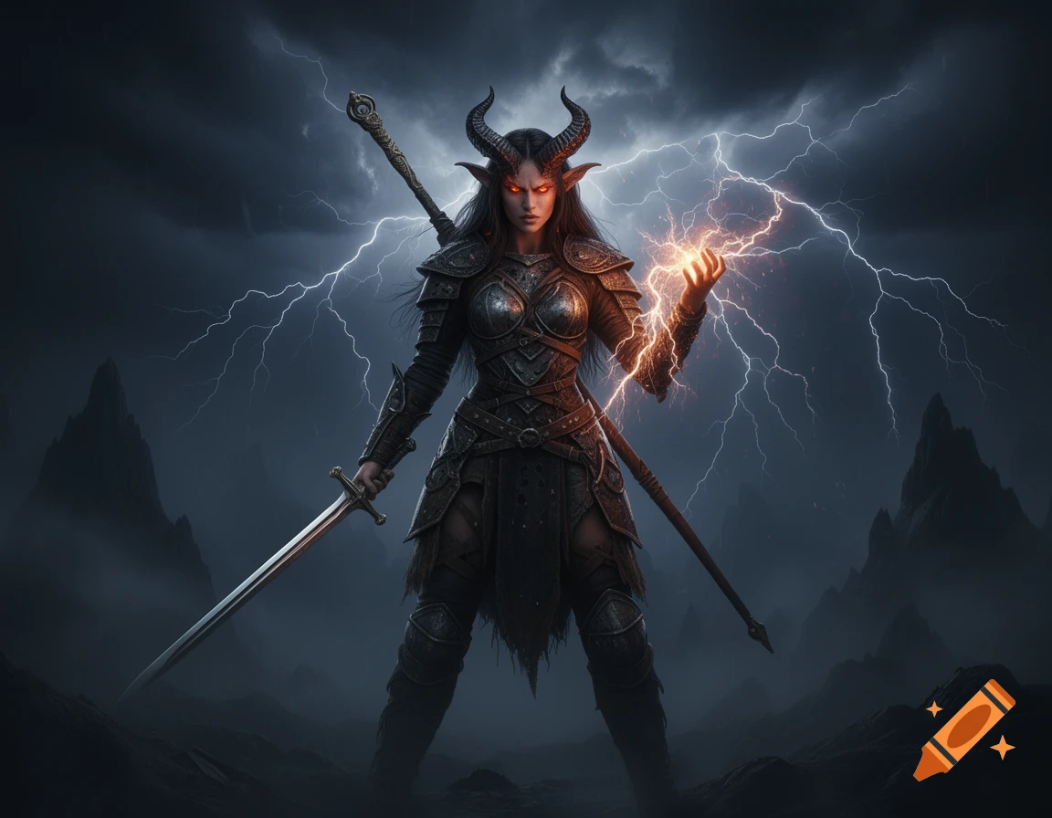 A fierce female demon warrior with horns and glowing eyes holds a sword and conjures lightning in a stormy, dark landscape.
