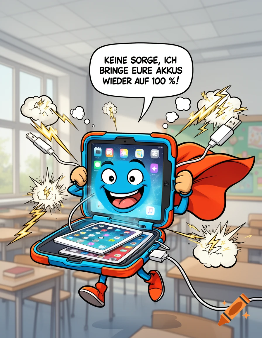 A happy anthropomorphic iPad case superhero in a classroom, charging multiple iPads, with a speech bubble in a colorful cartoon style.