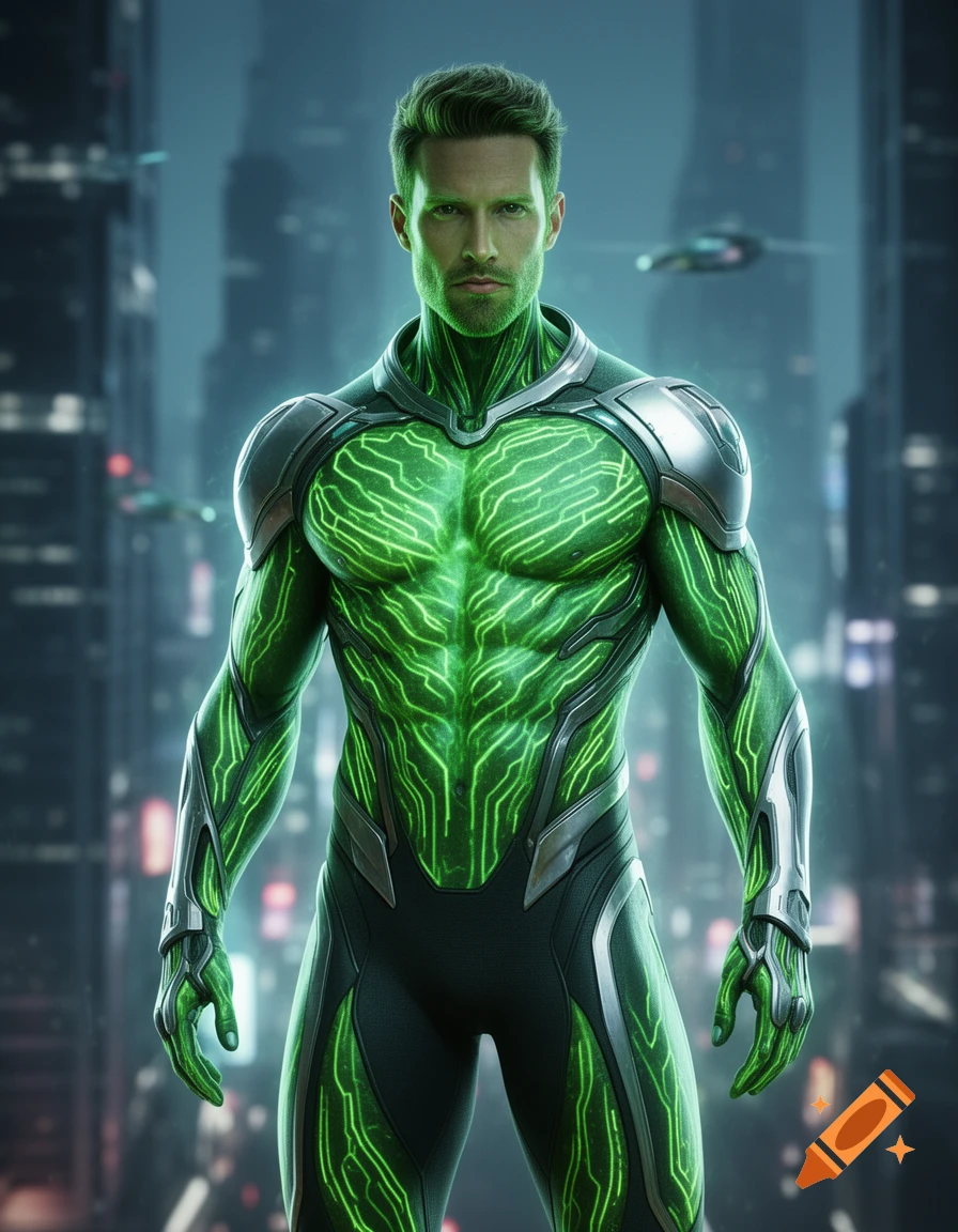 A man with glowing green circuit patterns on his body and a dark suit stands in a futuristic city.