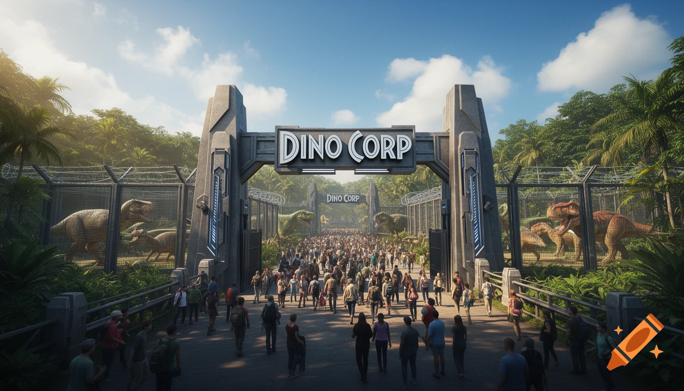 Photorealistic view of the 'Dino Corp' theme park entrance with crowds, massive gates, jungle, and caged dinosaurs on a sunny day.