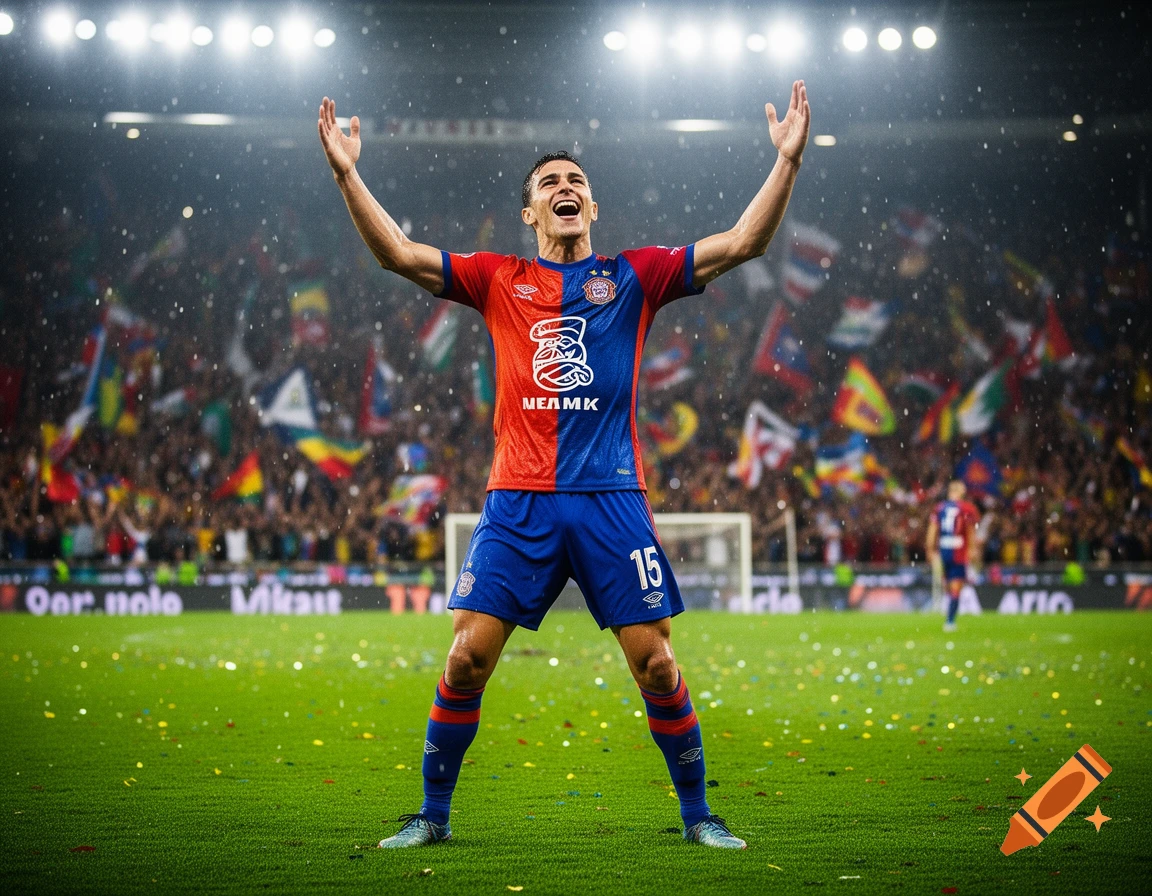 Photorealistic image of a male soccer player in a red and blue jersey celebrating with arms raised on a rainy field in a crowded stadium.