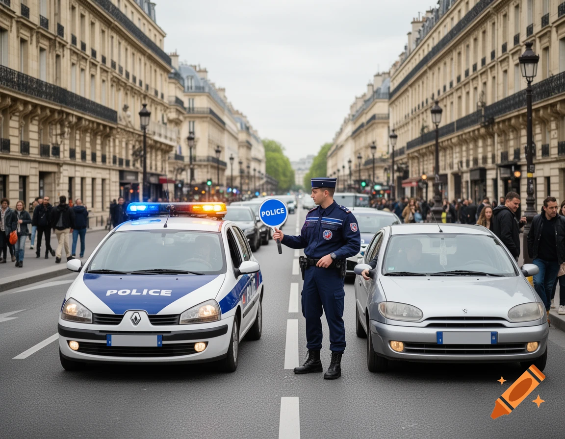 A French police officer stands between two cars on a city street, holding a 'POLICE' sign, with a police car next to him, in a photorealistic style.