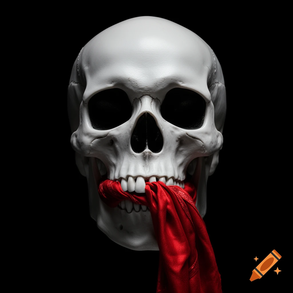 A photorealistic white human skull with a vibrant red cloth emerging from between its teeth, against a black background.
