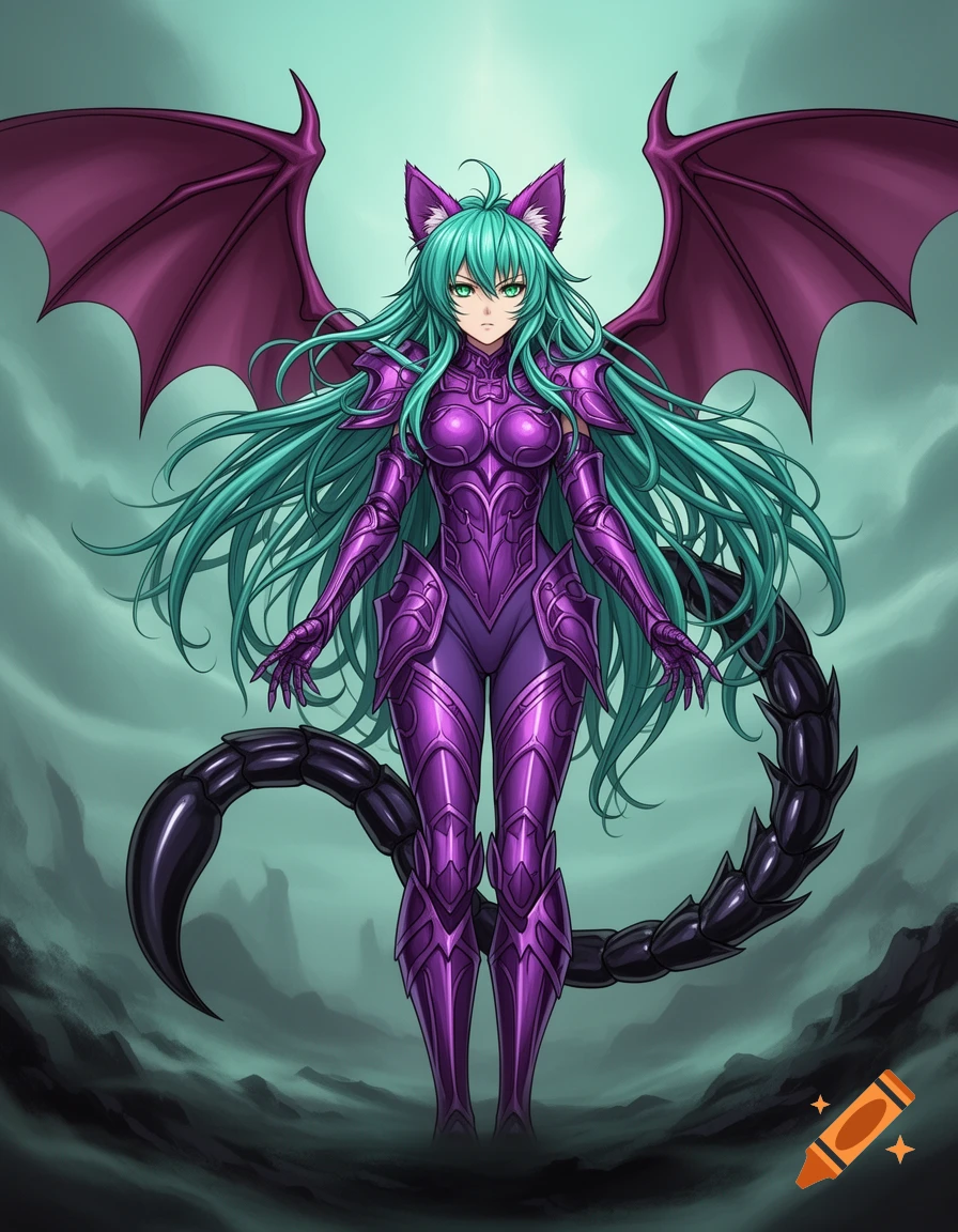 An anime character with teal hair, purple armor, cat ears, purple bat wings, and a scorpion tail stands in a dark landscape.