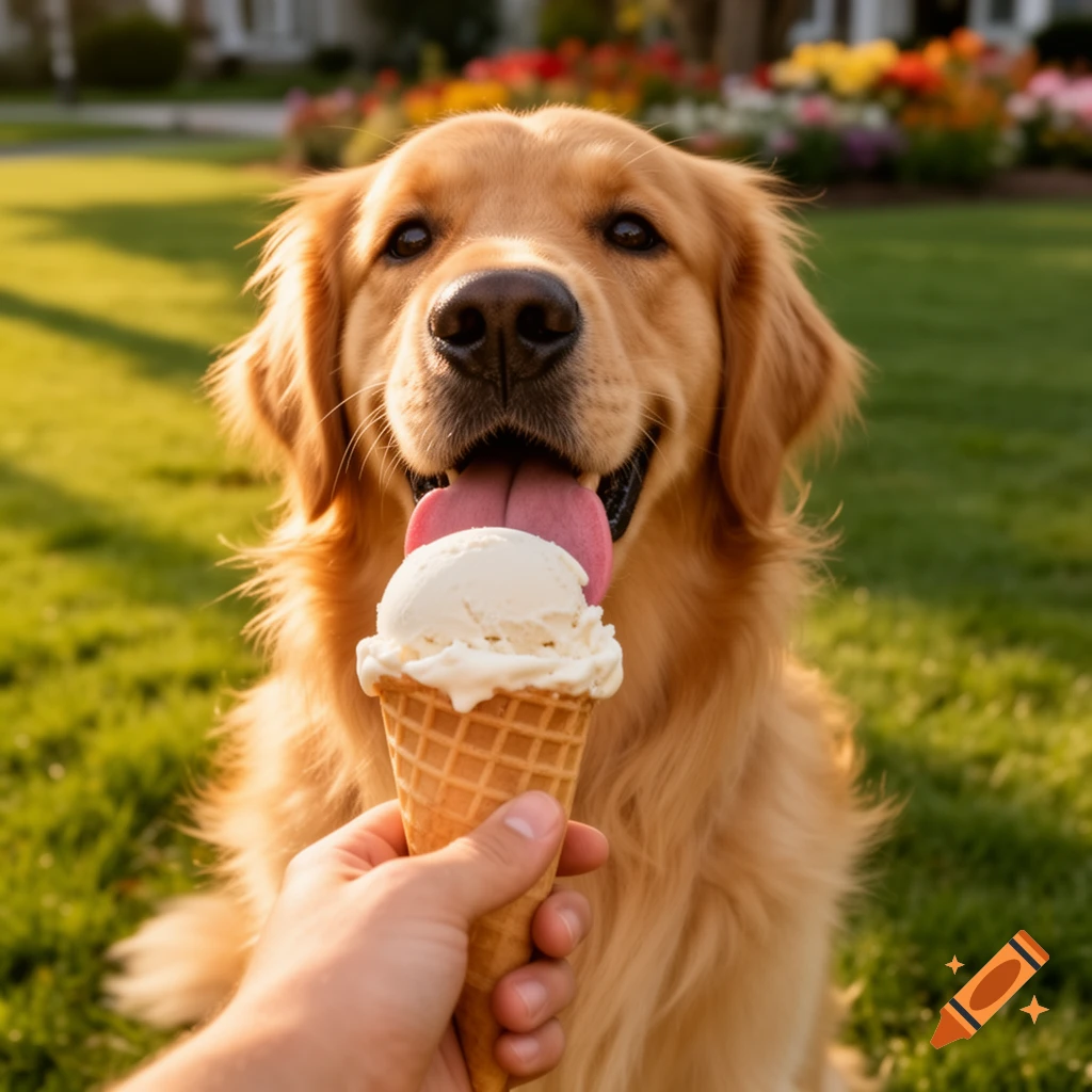 A golden retriever with its tongue out, happily looking at an ice cream cone held by a person's hand in a sunny park.