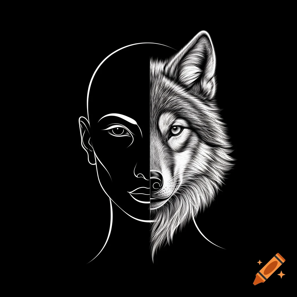 A minimalist illustration of a split face, one side a white outline of a human head, the other a detailed white wolf head, on a black background.