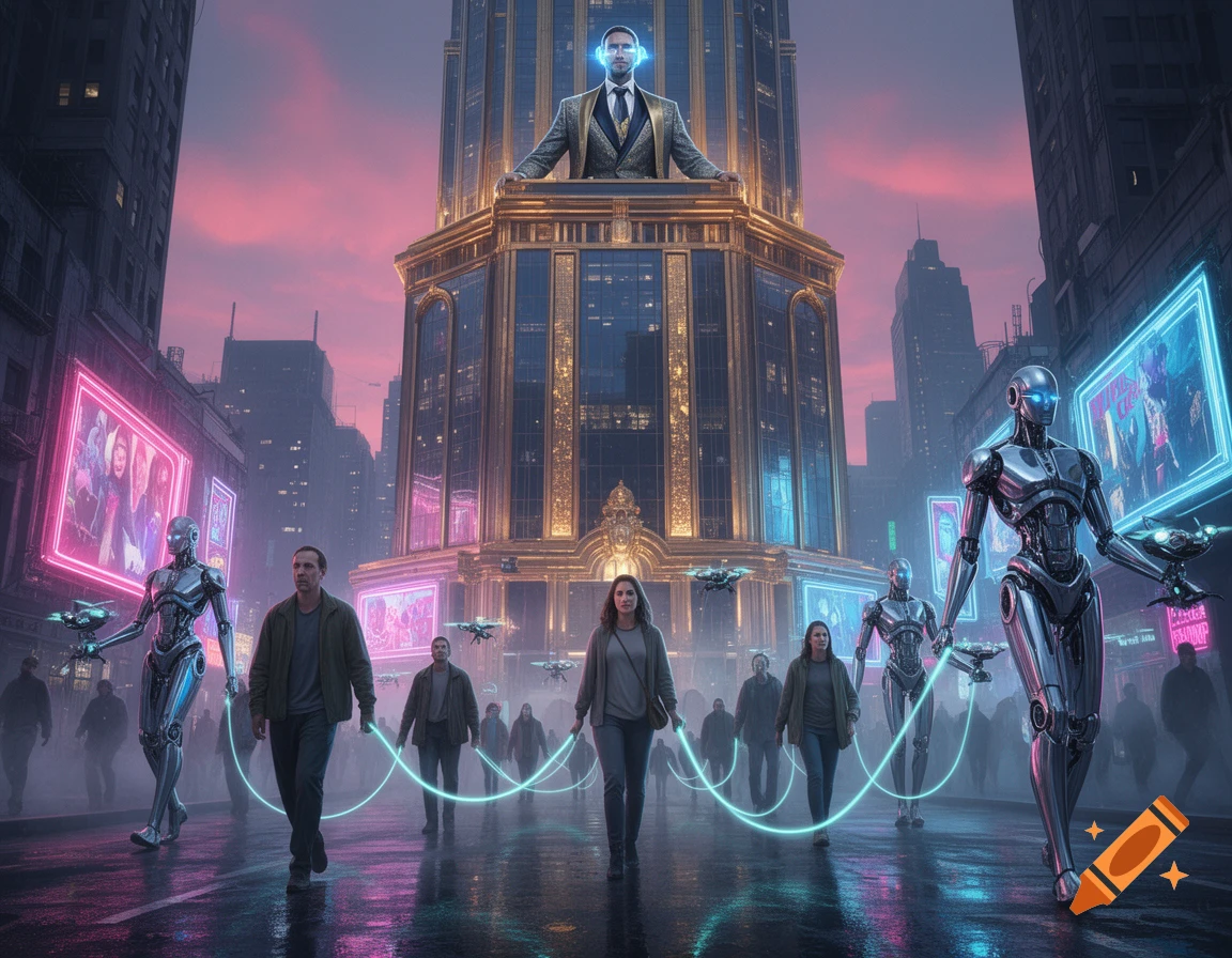People led by robots on leashes in a futuristic city with neon signs, overseen by a man on a skyscraper.