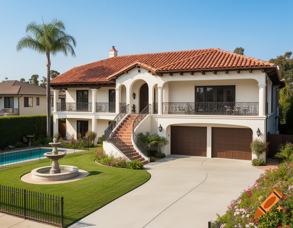 Photorealistic Spanish Colonial Revival house with a red tile roof, wrought-iron balconies, a curved driveway, a pool, and a stone fountain.