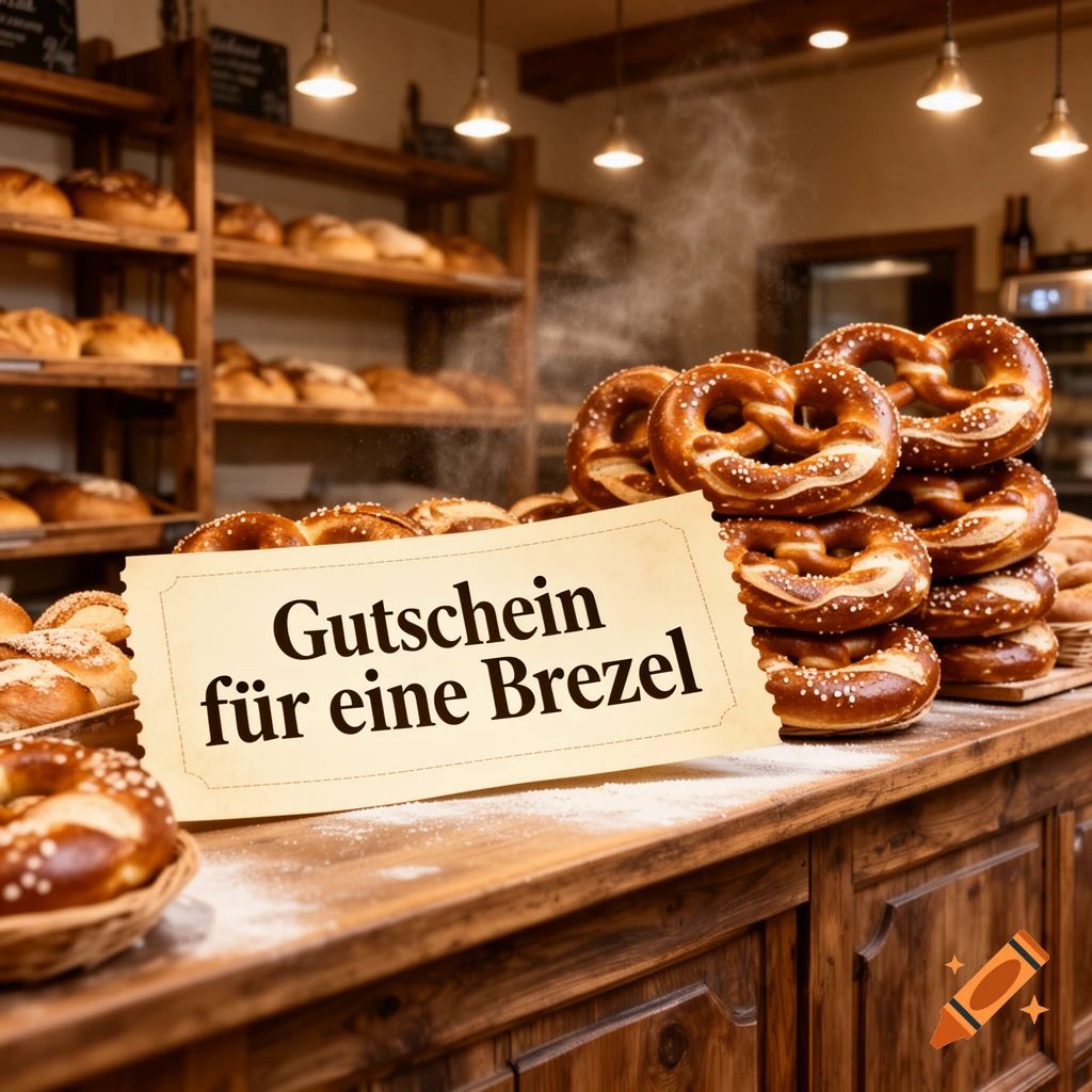 Photorealistic image of fresh pretzels stacked on a wooden counter in a bakery, with a coupon reading 'Gutschein f r eine Brezel'.