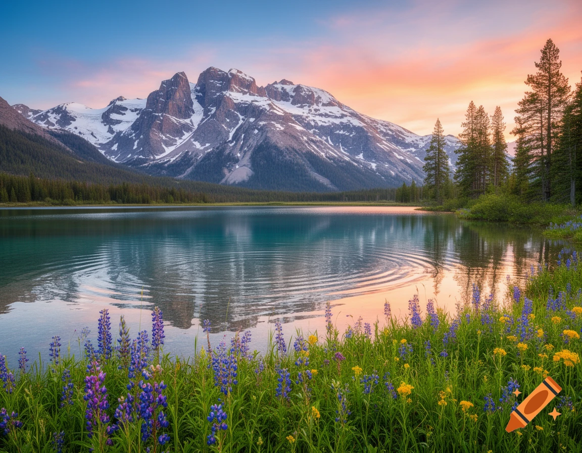 Photorealistic landscape of a turquoise lake, snow-capped mountains, dense forest, and purple and yellow wildflowers at sunset.