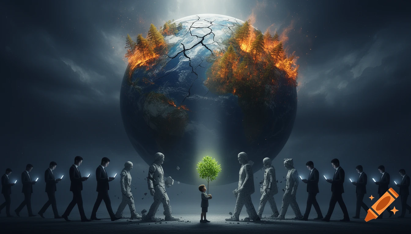 A cracked, burning Earth with storm clouds above. People walk, eyes on glowing phones, some turning to stone, as a child holds a glowing tree, in a dramatic, photorealistic style.
