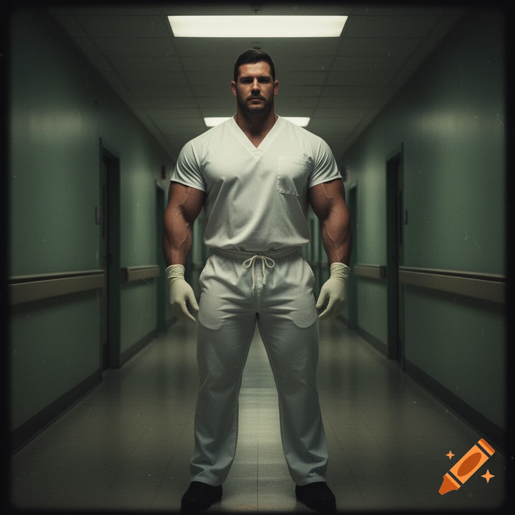 A muscular man in white scrubs and gloves stands in a dark, eerie hospital corridor, rendered in a VHS-style photo.