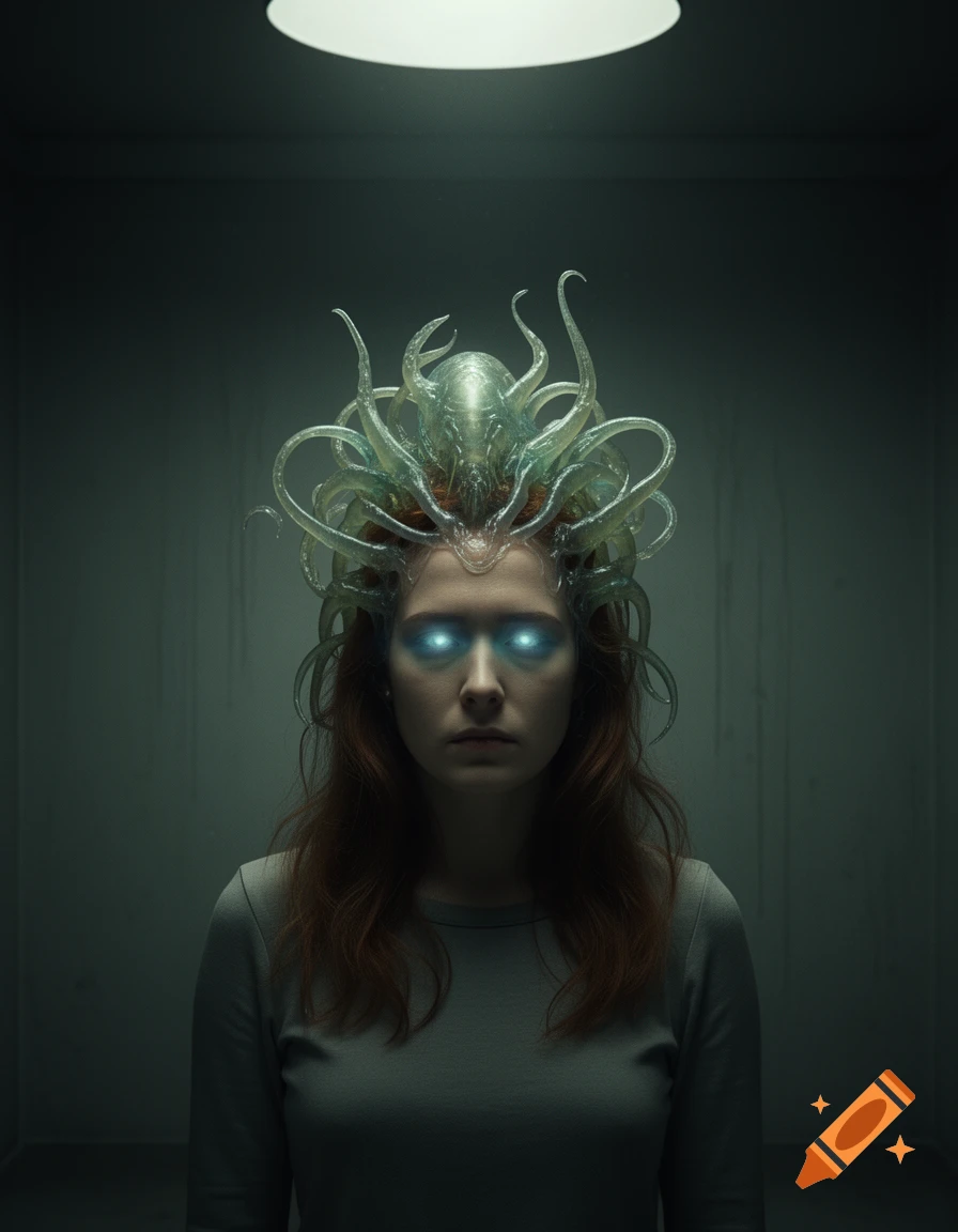 A serious woman with red hair and glowing blue eyes, wearing a transparent, tentacled alien parasite on her head, stands in a dimly lit room.