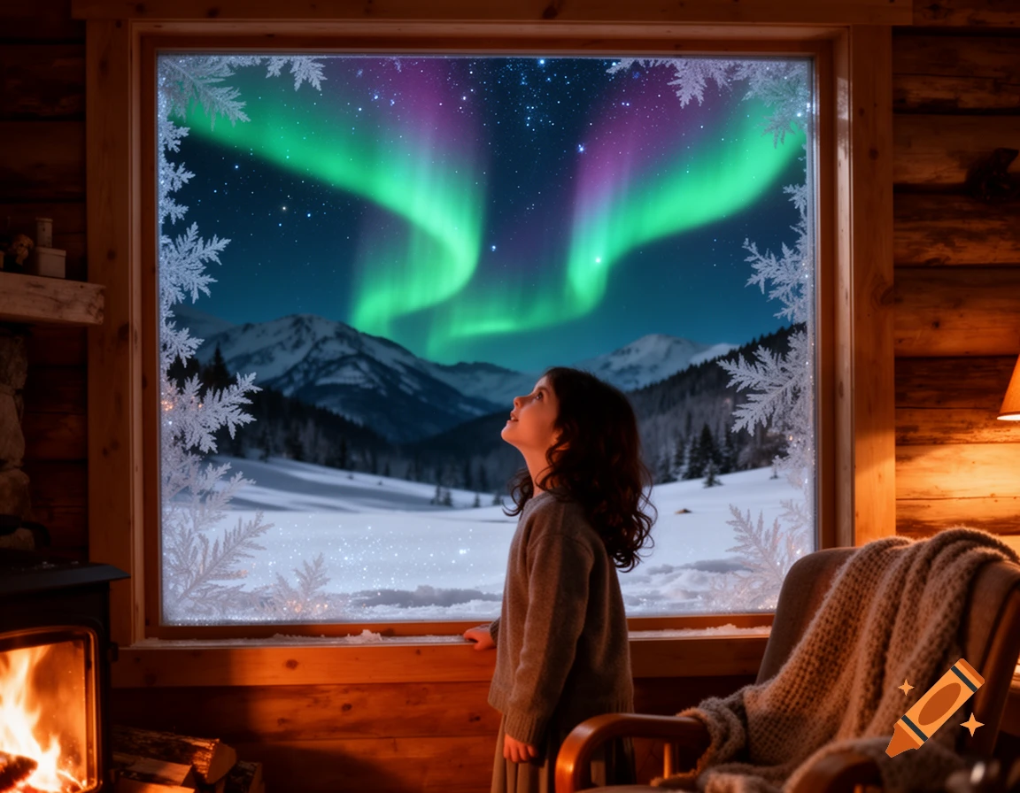 A young girl in a cozy cabin looks out a window at snowy mountains under a night sky with green and purple aurora borealis.