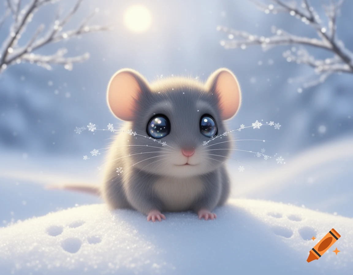 A cute, fluffy gray mouse with large, reflective eyes sits in fresh snow with snowflakes and frosted branches in a bright winter scene.