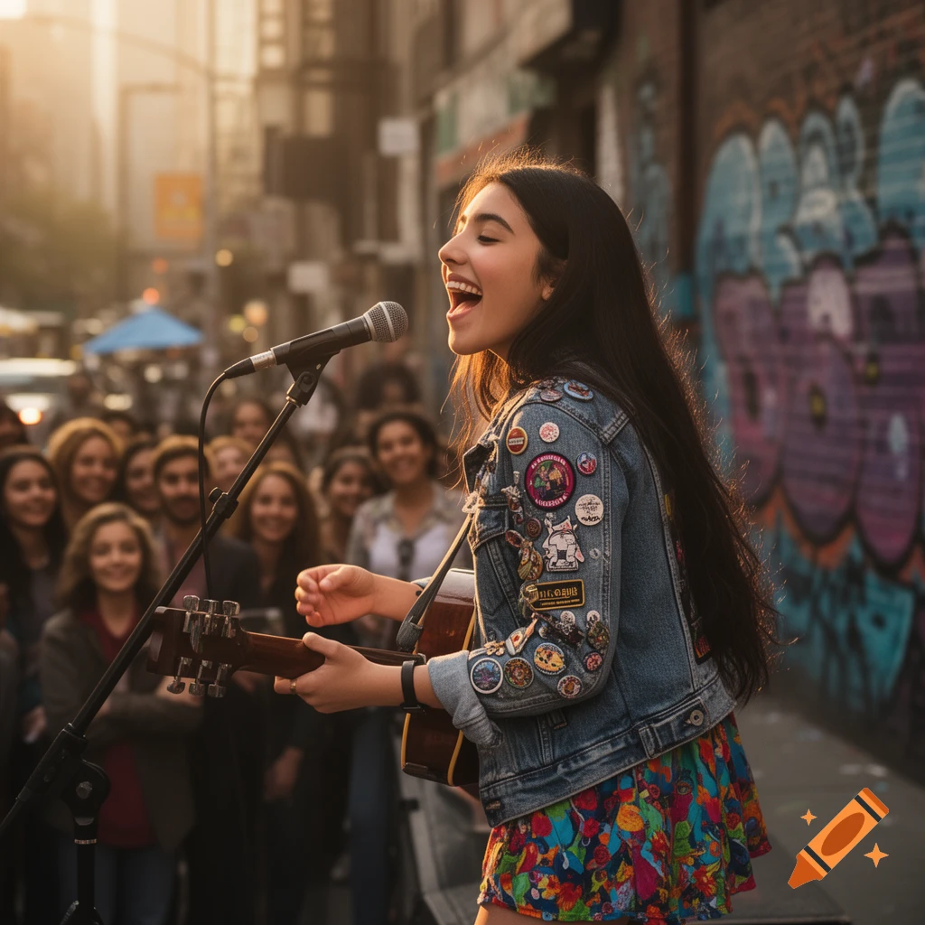 A young woman with long dark hair smiles and sings into a microphone while playing an acoustic guitar on a sunny city street, with a crowd gathered and graffiti on a wall behind her.