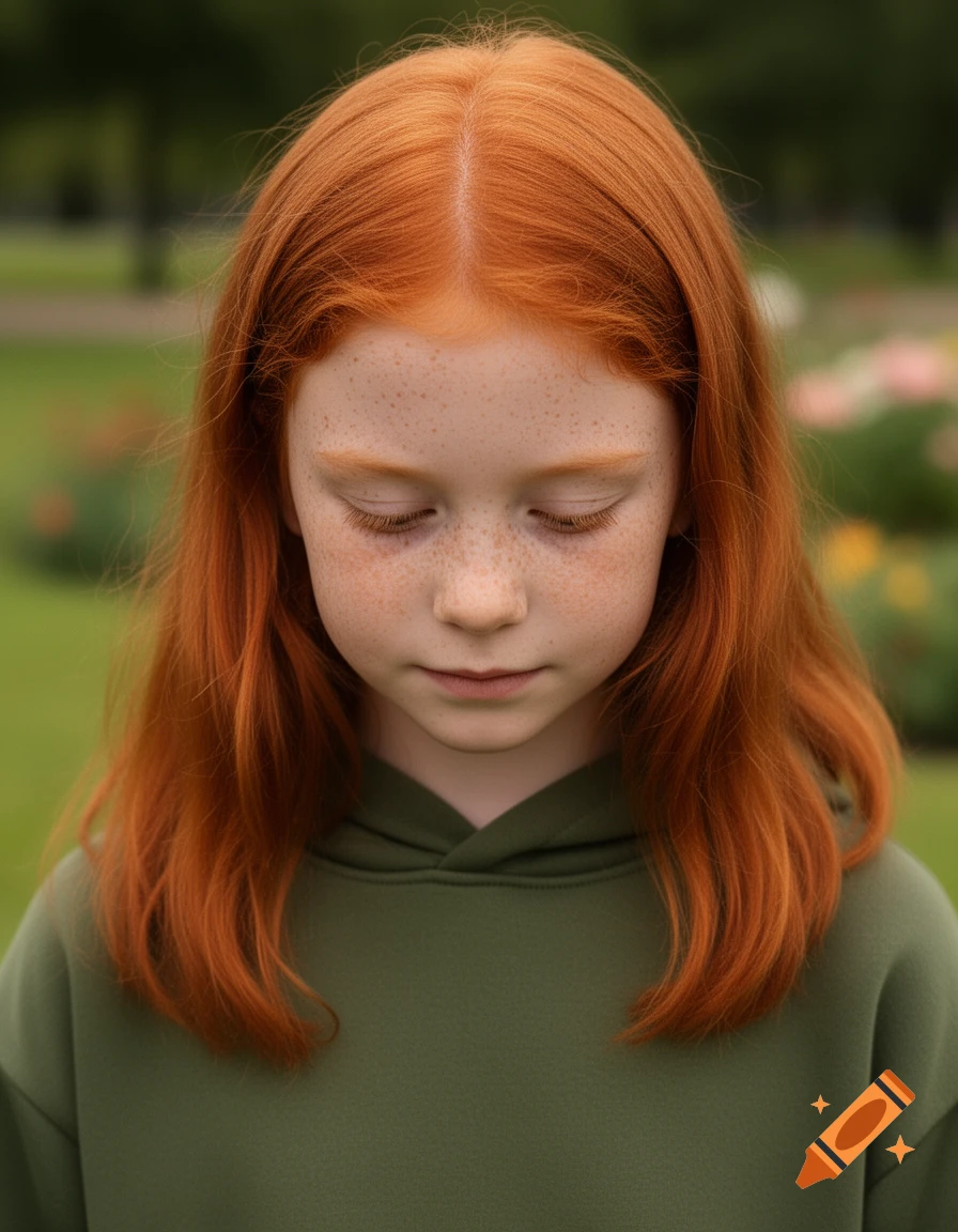 Photorealistic portrait of a shy red-haired girl with freckles, wearing a green hoodie, eyes closed, in a park.