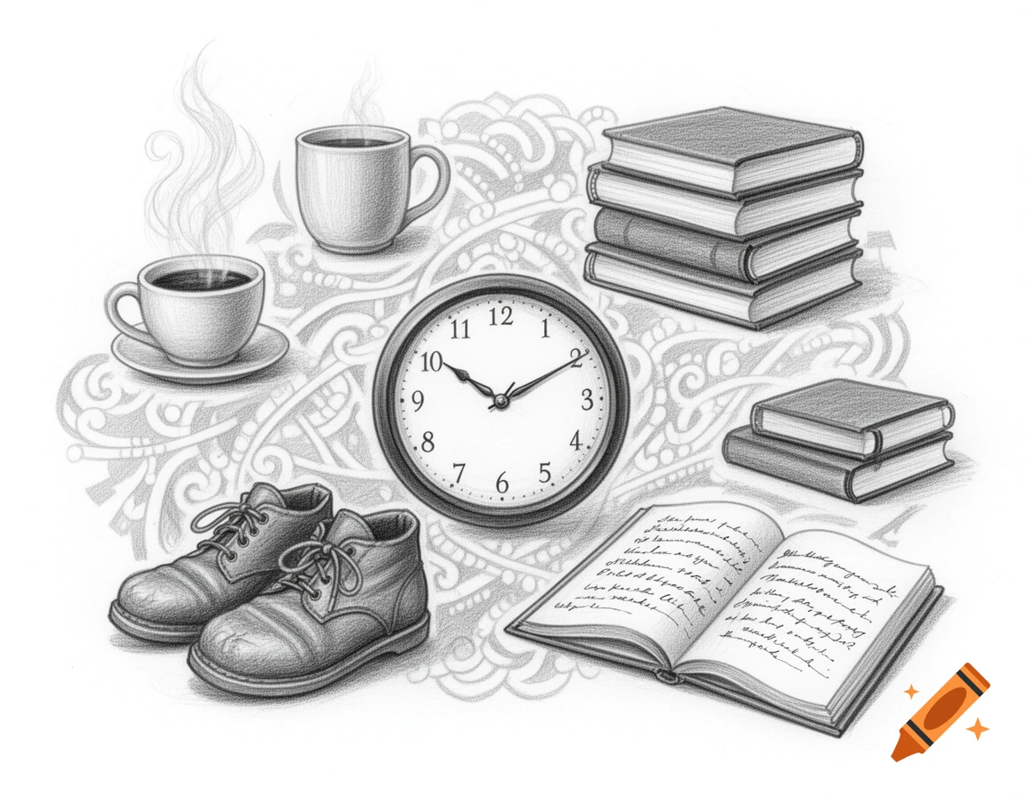 A black and white pencil sketch depicting objects of a daily routine: steaming coffee cups, stacks of books, a round wall clock, an open book with illegible text, and a pair of lace-up boots. All are arranged on a subtle patterned background.