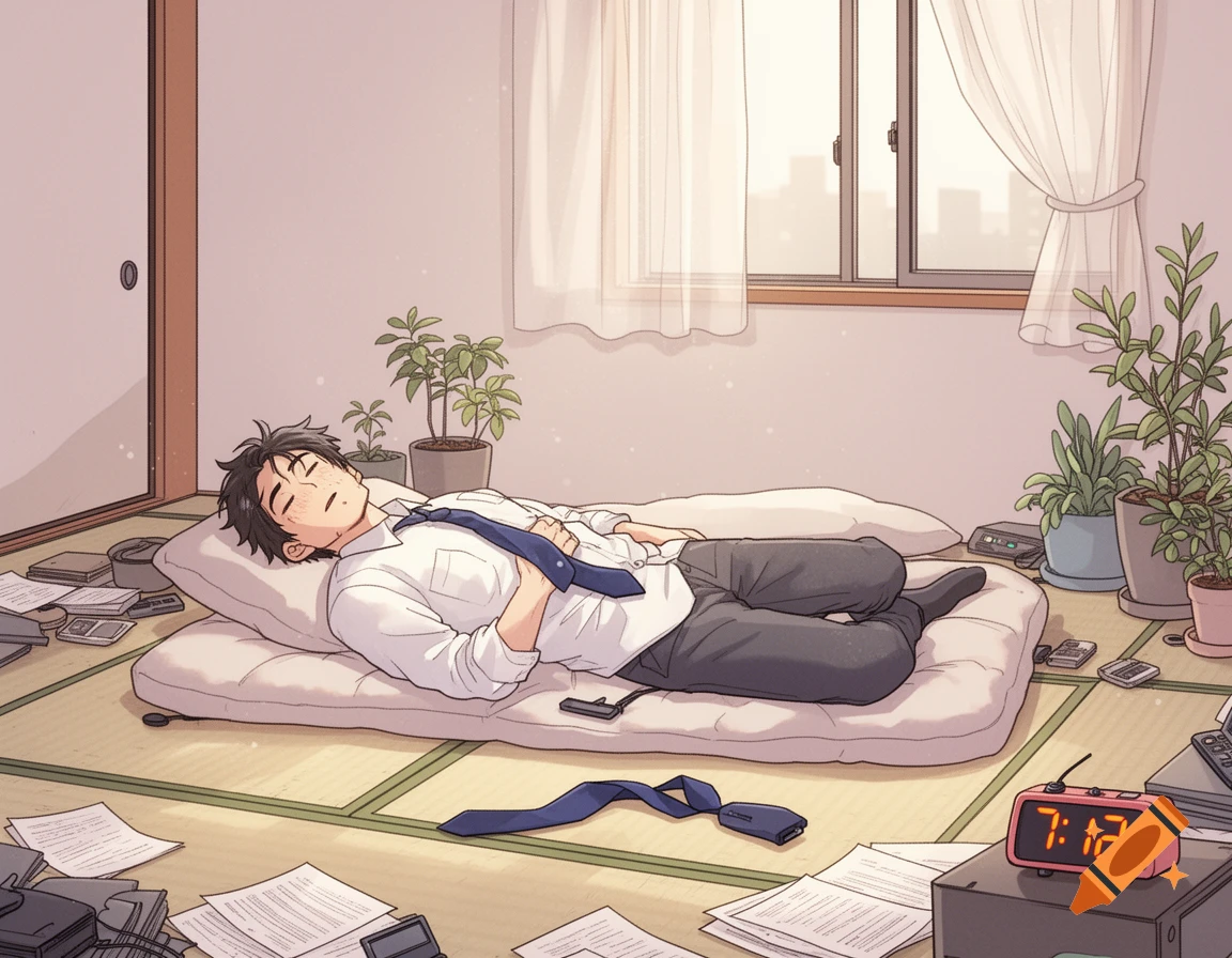 An anime illustration of a man in a white shirt and tie sleeping on a mattress on the floor in a messy room with an alarm clock showing 7:12 AM.