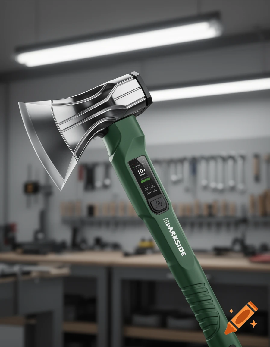 A close-up, photorealistic shot of a modern green electric axe with a metallic head and a digital screen showing "PARKSIDE" and "10", set in a blurred workshop background.