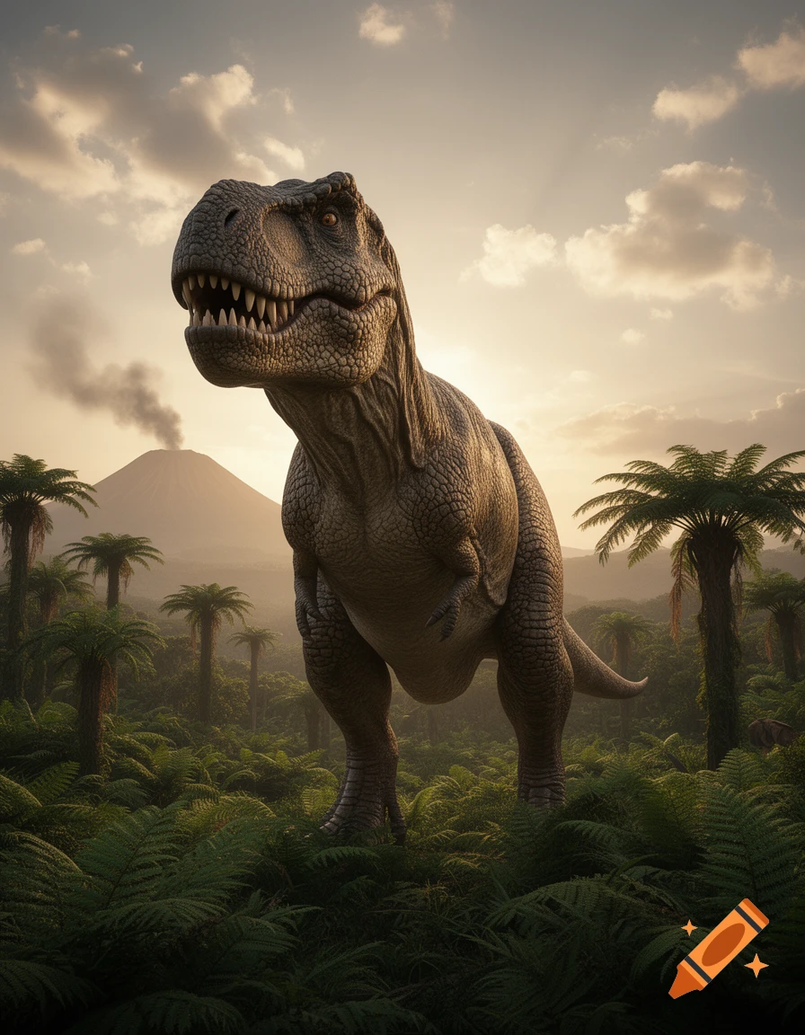 Photorealistic Tyrannosaurus Rex in a prehistoric jungle with palm trees, ferns, and a smoking volcano under a dramatic sky.