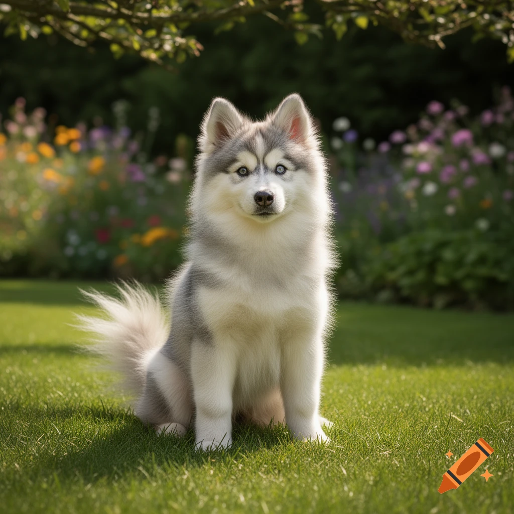 A fluffy gray and white Pomsky puppy with blue eyes sits on green grass in a vibrant garden.