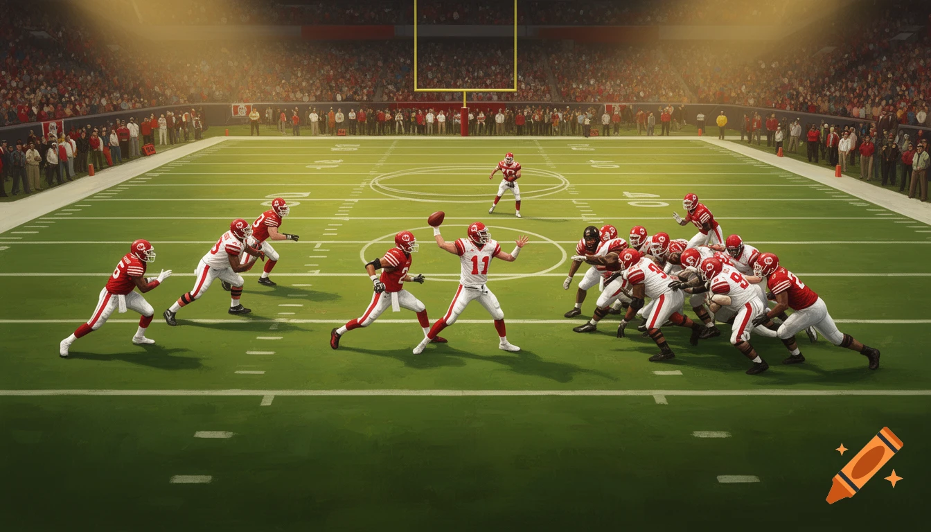 A stylized image of a Canadian football game in action, with players in red and white uniforms on the field in a play formation, inside a large stadium with a full crowd.