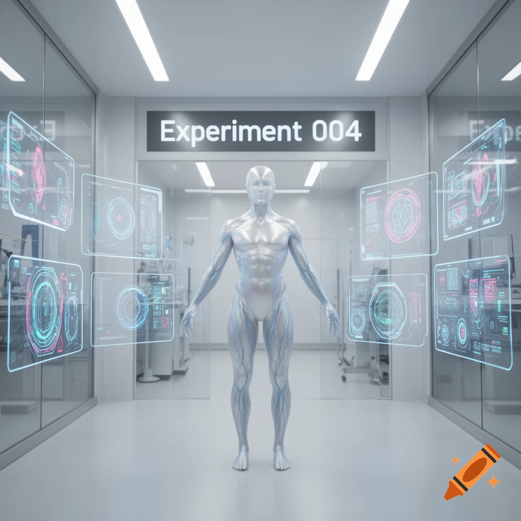 A metallic, humanoid figure stands in a futuristic lab with holographic screens and a sign reading 'Experiment 004'.