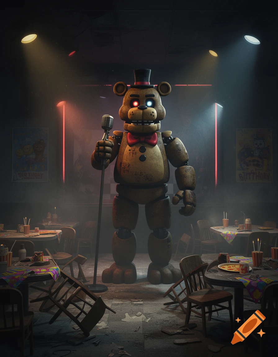 Photorealistic 3D render of Freddy Fazbear, a brown animatronic bear with a top hat and bowtie, holding a microphone on a stand in a dark, abandoned pizzeria with overturned chairs and scattered debris.