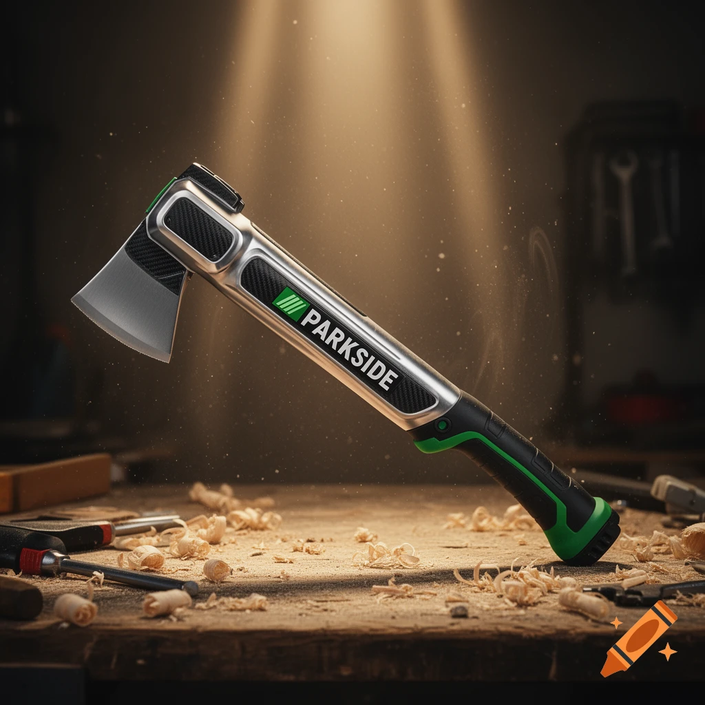 A modern silver and green axe with the 'PARKSIDE' logo rests on a wooden workbench with wood shavings, illuminated by a beam of light.