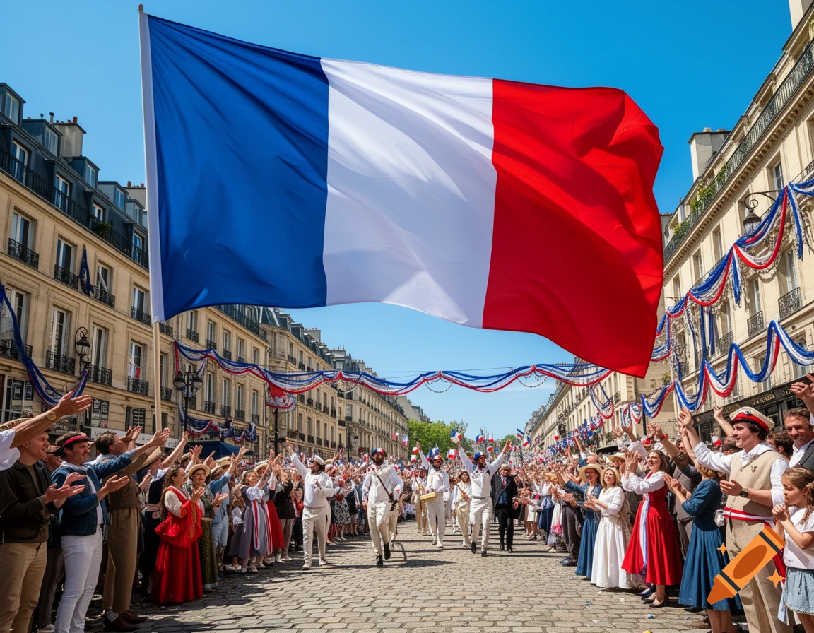 A large French flag waves over a street lined with people in festive attire celebrating, with buildings and decorations.
