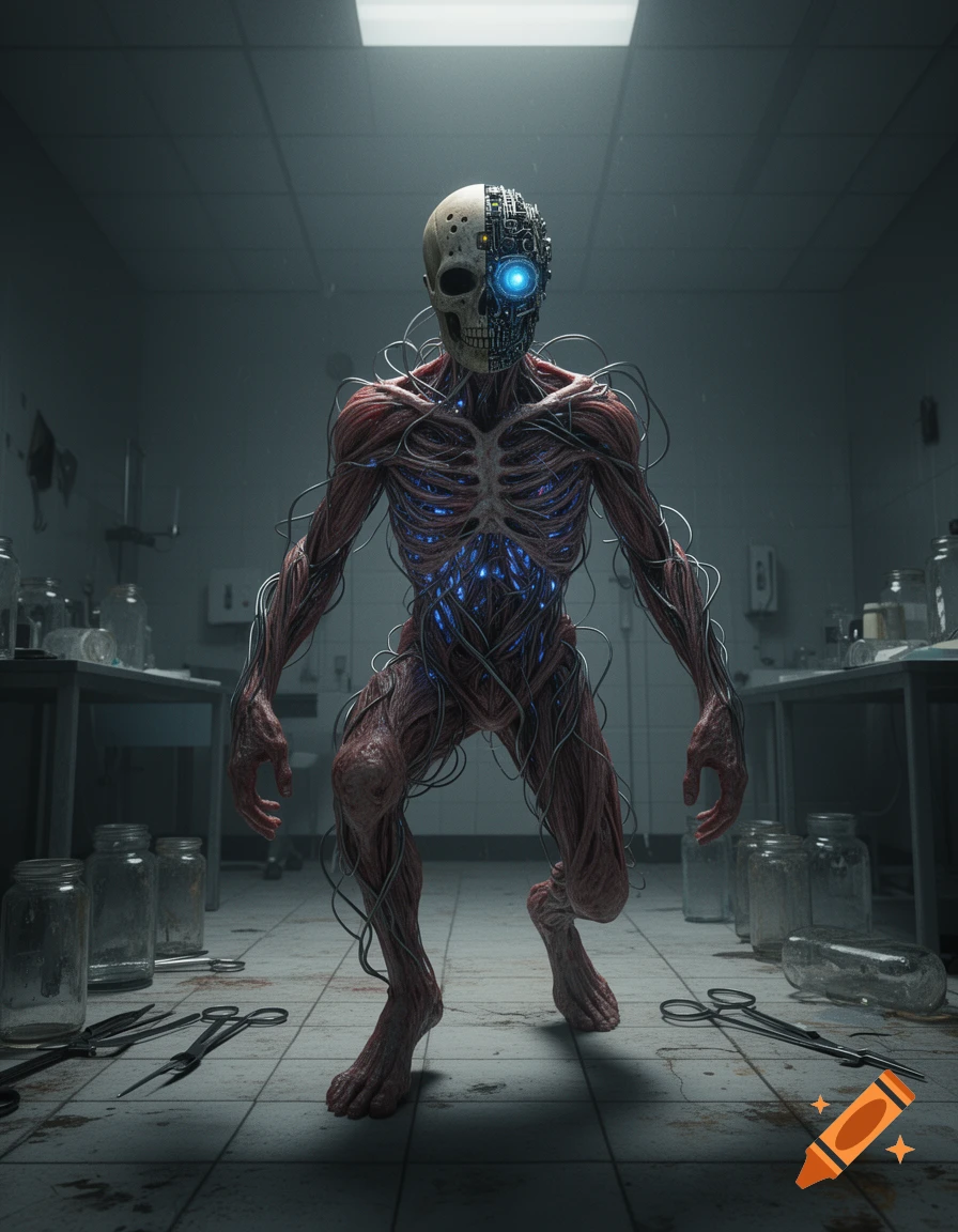 A towering, partially skeletal and robotic creature with exposed muscles and glowing blue wires stands in a sterile, dimly lit laboratory.