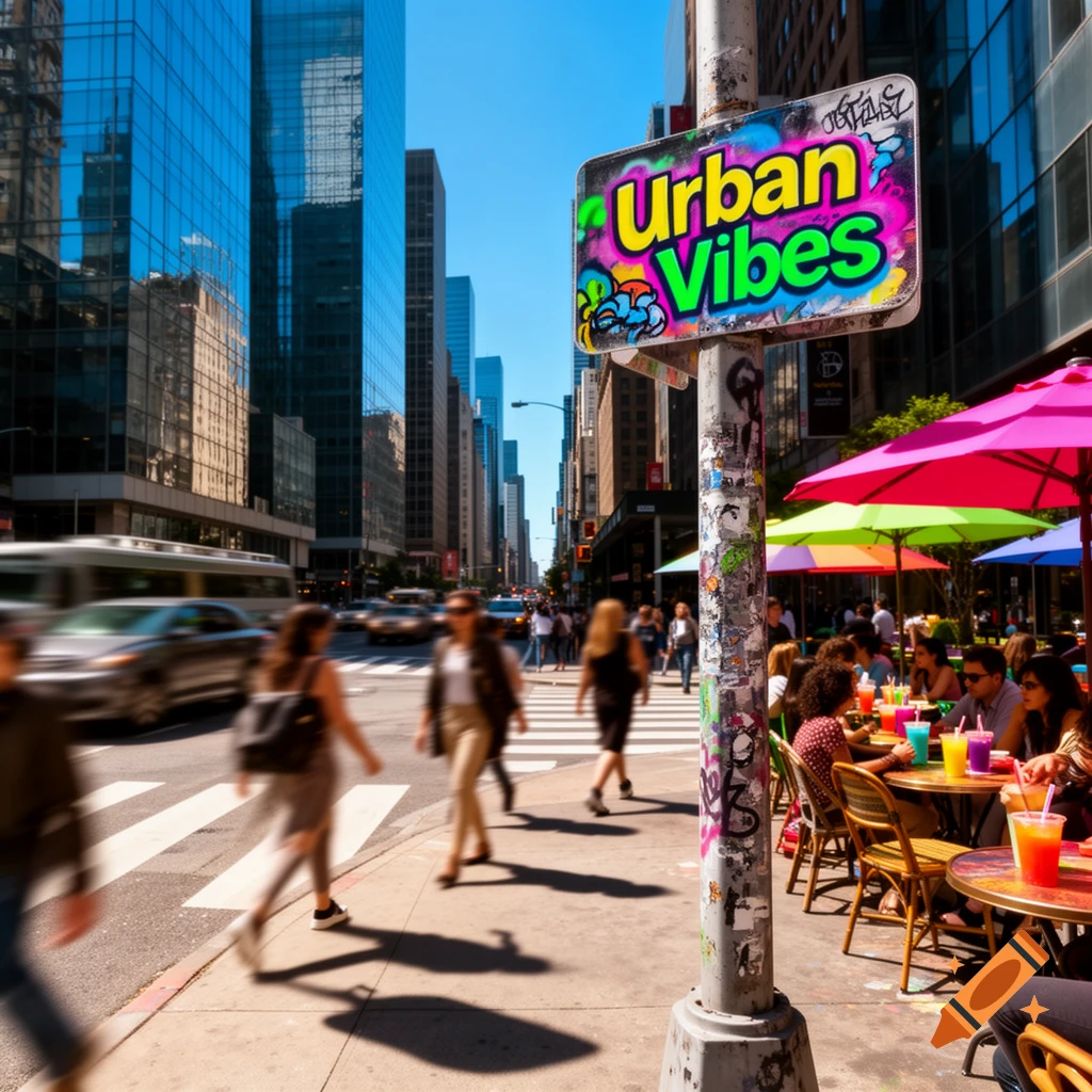 A vibrant city street with tall buildings, a bustling crosswalk, and a colorful outdoor cafe. A sign on a pole says 'Urban Vibes'.