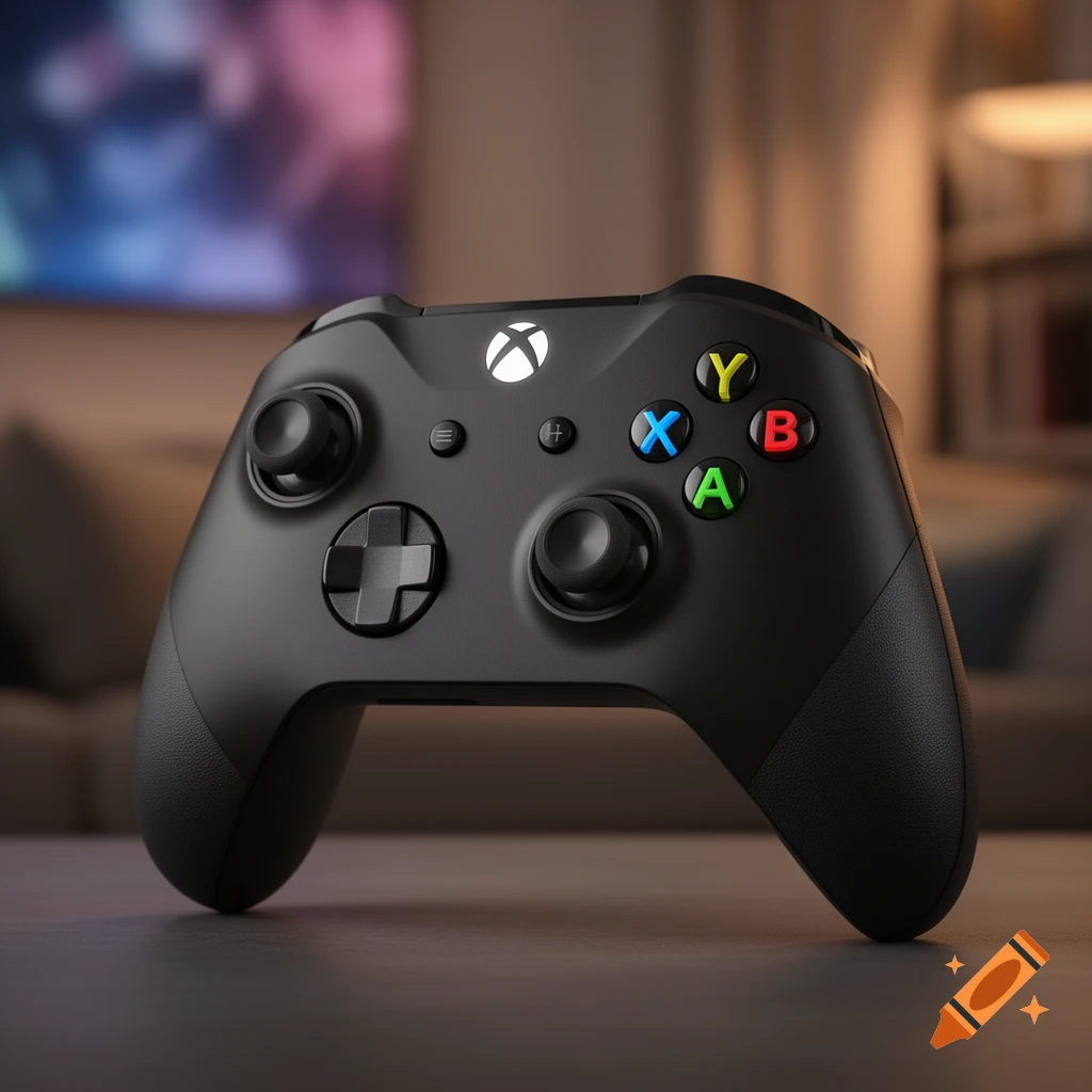 A black Xbox controller sits on a table in a dimly lit room, with a blurred TV screen in the background. Photorealistic style.