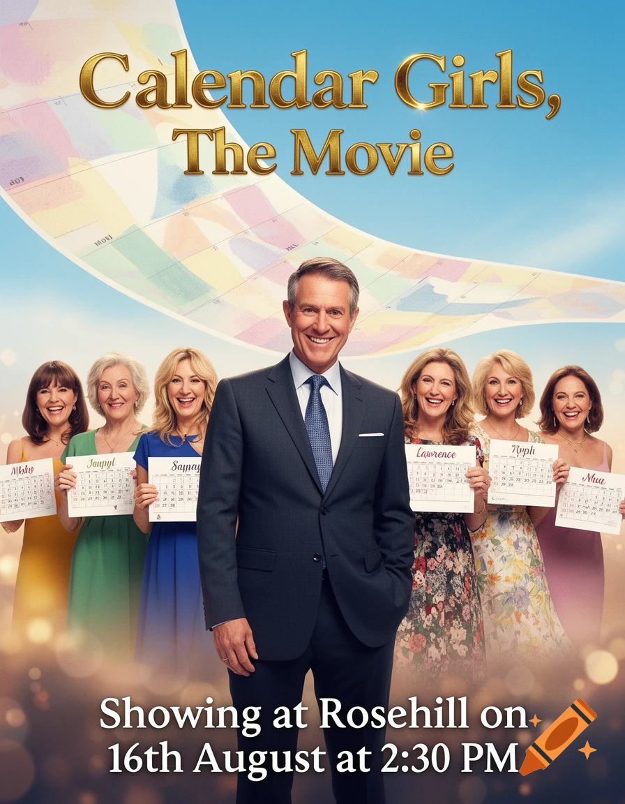 A movie poster for 'Calendar Girls, The Movie' showing a man in a suit surrounded by six smiling women, each holding a small calendar. The poster advertises a showing on August 16th at 2:30 PM.