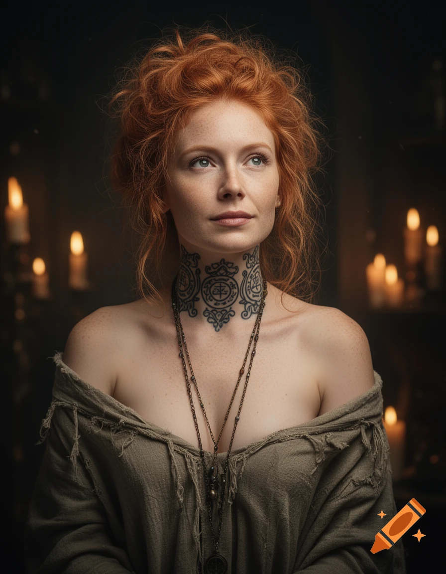 Photorealistic portrait of a red-haired woman with freckles and a mystic neck tattoo, wearing a shabby, off-shoulder dress, looking dreamy amidst candlelight.