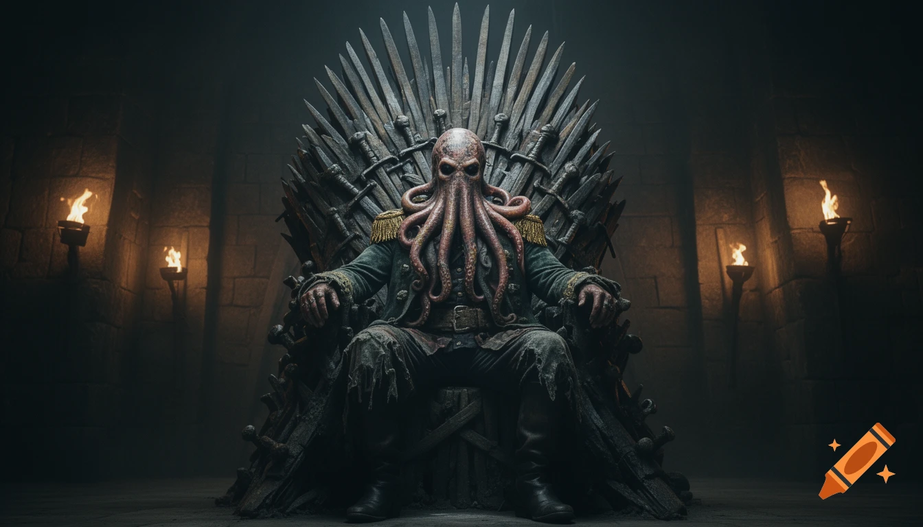 An octopus-headed creature in a captain's coat sits on a throne of swords in a dark, torchlit stone chamber, rendered in a gritty, realistic style.