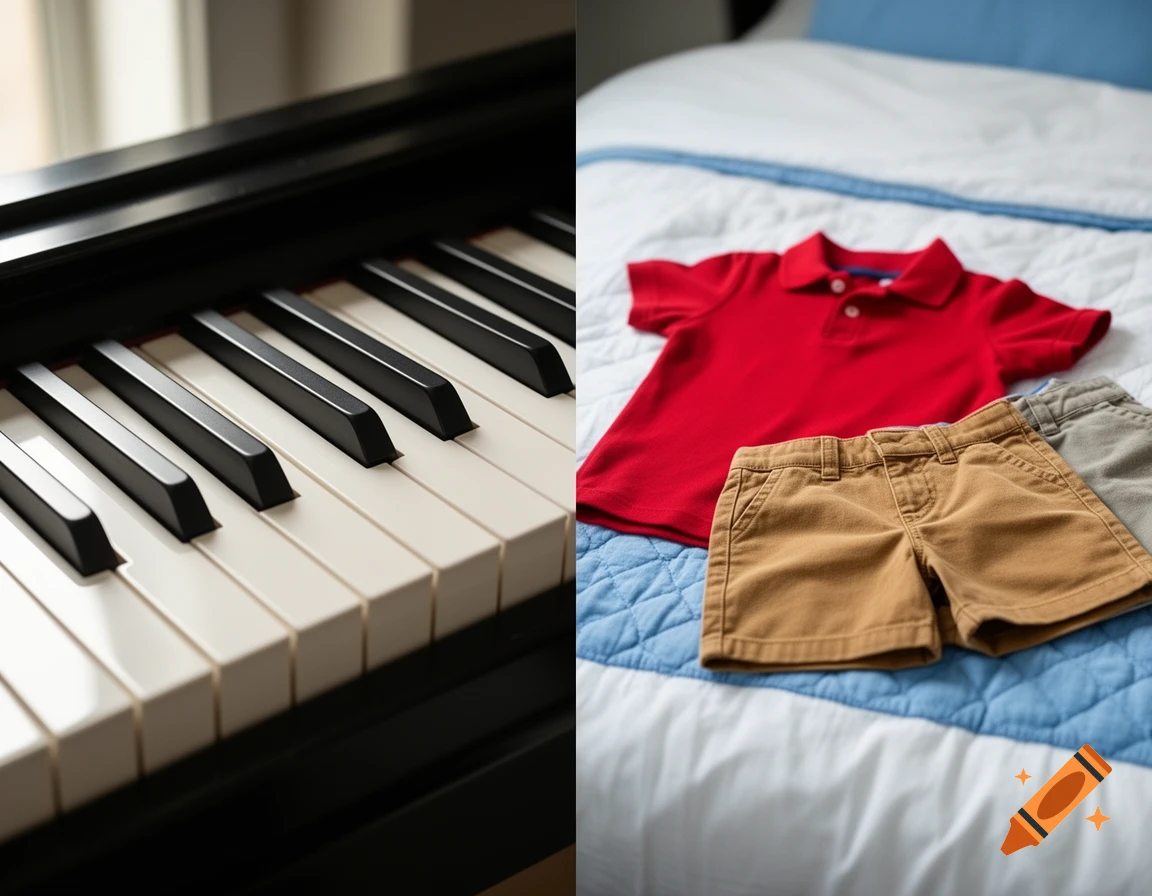 Left side shows piano keys; right side features a red polo shirt and brown shorts on a bed.