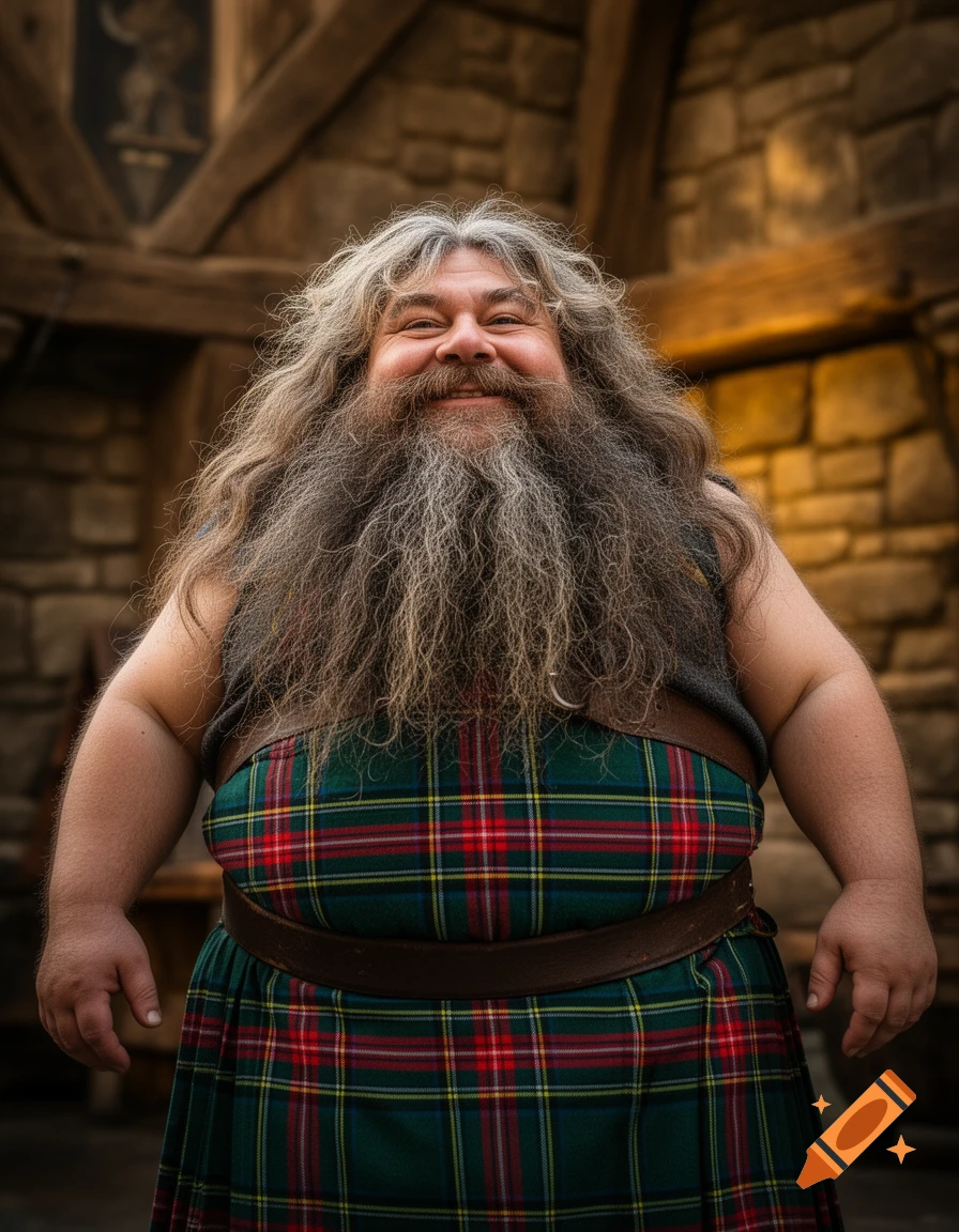 A smiling, scruffy man with a long grey beard and hair, wearing a green and red tartan kilt, stands in a rustic setting.