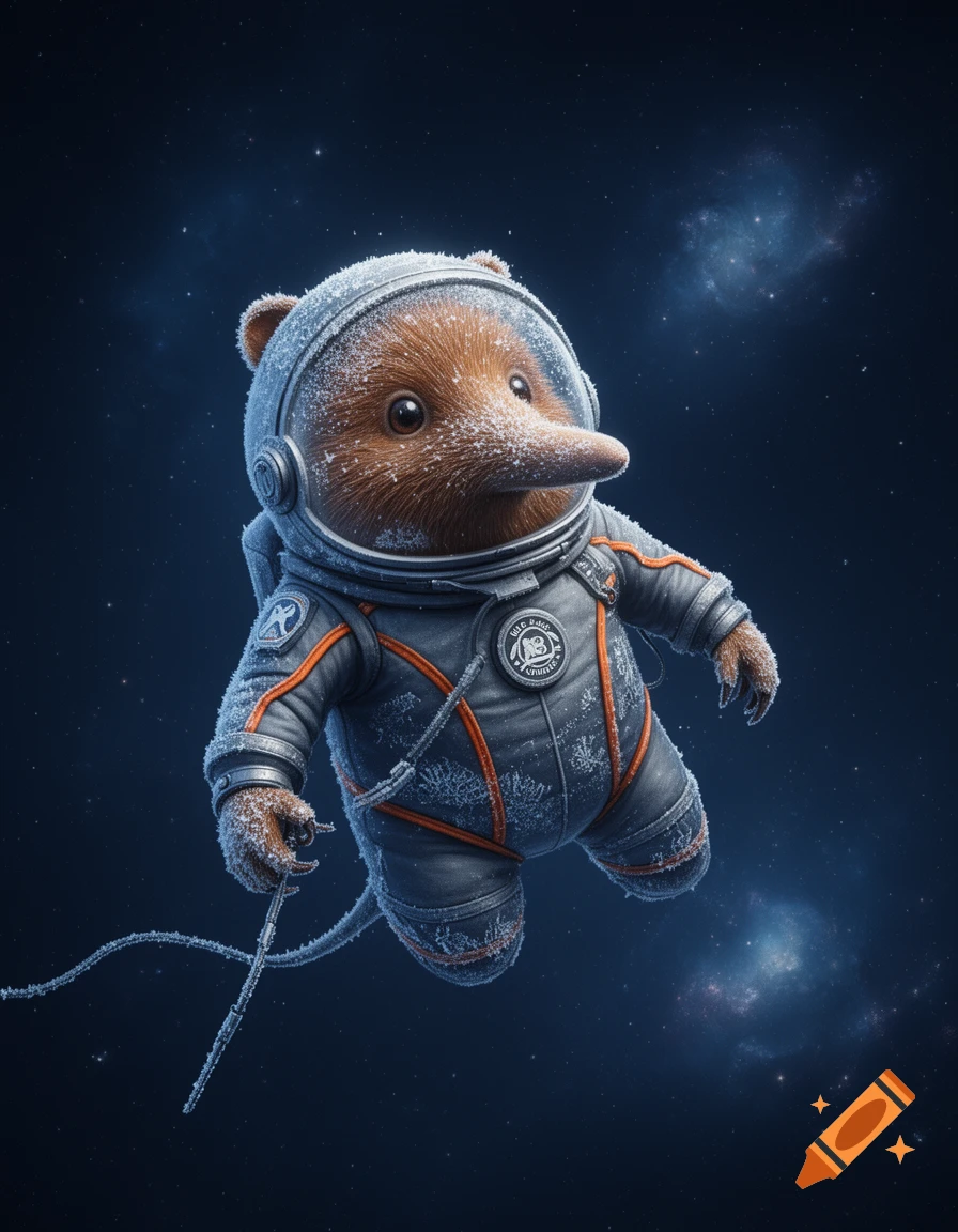 A furry, frozen, womble-like creature in an orange and gray astronaut suit floats in dark space with stars.