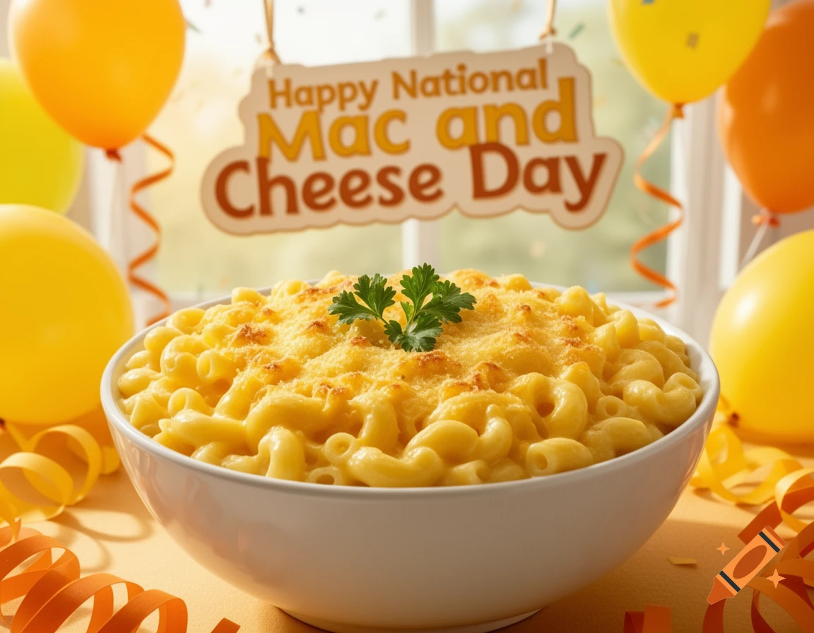 A photorealistic image of a bowl of mac and cheese with a sign saying 'Happy National Mac and Cheese Day' surrounded by party decorations.