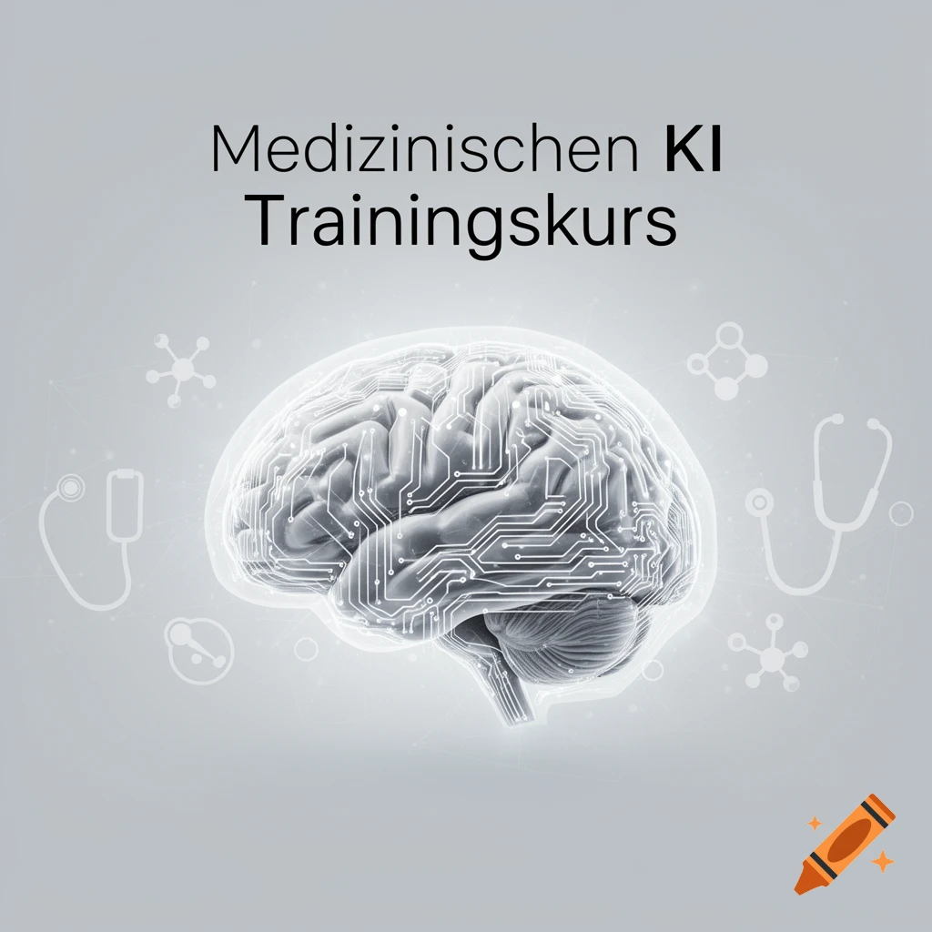 Stylized brain with circuit patterns, surrounded by medical icons like a stethoscope, and the German text "Medizinischen KI Trainingskurs".