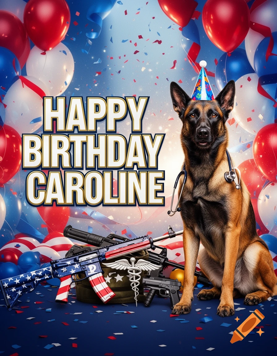 A festive birthday poster featuring a Belgian Malinois dog in a party hat and stethoscope, sitting with patriotic firearms and balloons, with text 'HAPPY BIRTHDAY CAROLINE'.