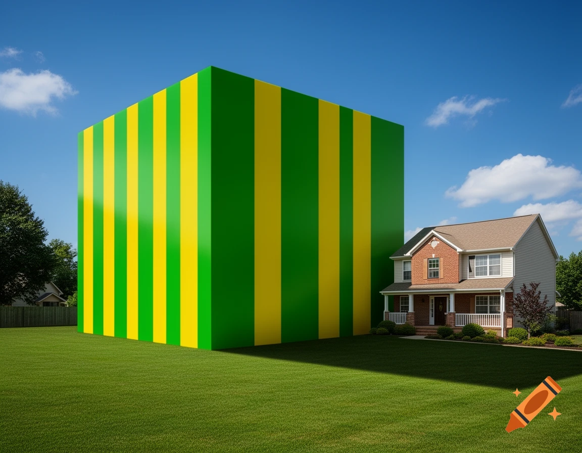 A massive green box with yellow vertical stripes stands in a sunny, grassy yard next to a two-story brick and siding house.