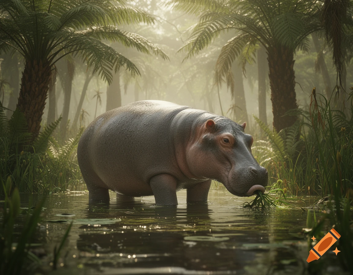 Photorealistic image of a grey, hippopotamus-like creature eating plants in shallow water, surrounded by foggy jungle palm trees.