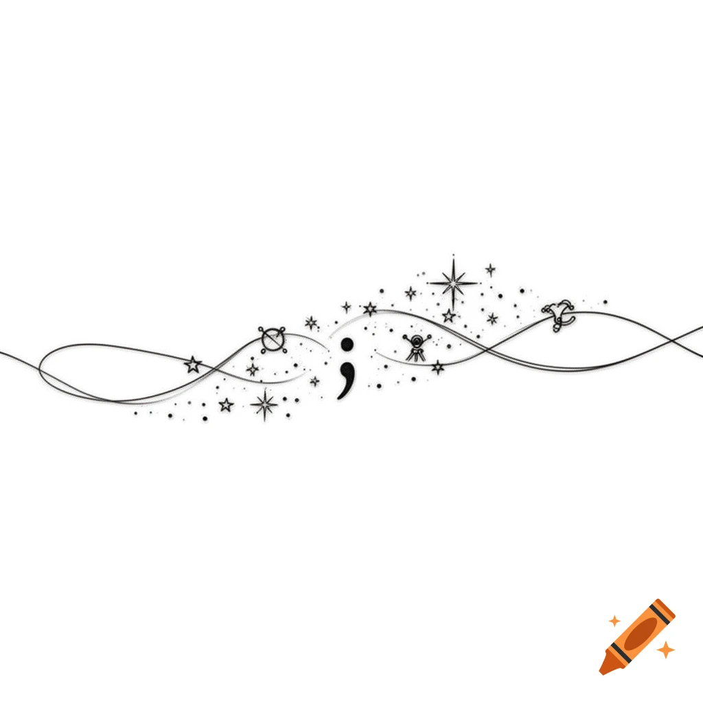 Fine line tattoo design with a semicolon, astrological glyphs for Pluto and Venus, and stars, forming a continuous wavy pattern on a white background.